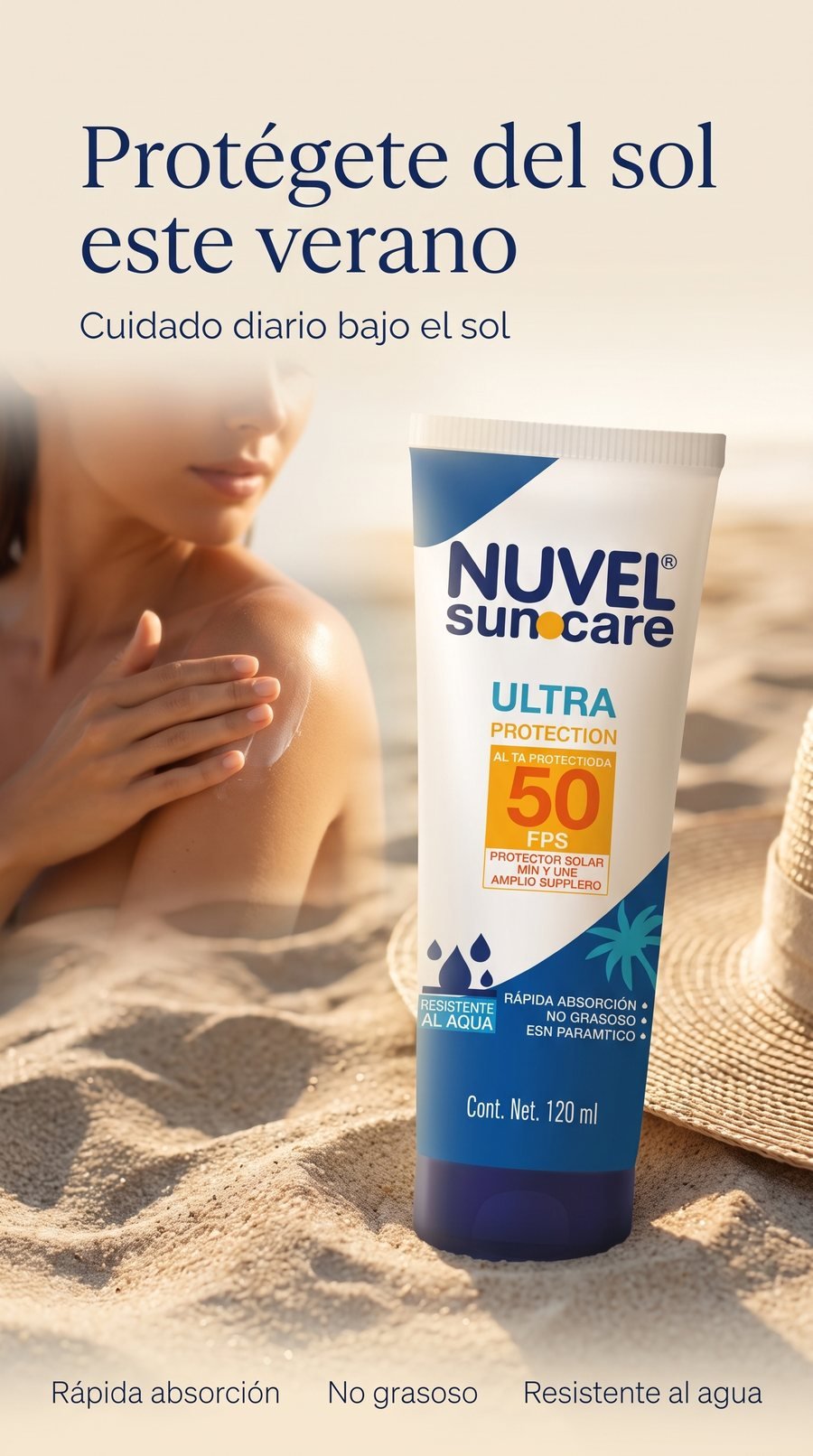 Post de Nuvel Sun Care: Protégete del sol este verano, mujer aplicándose protector en la playa