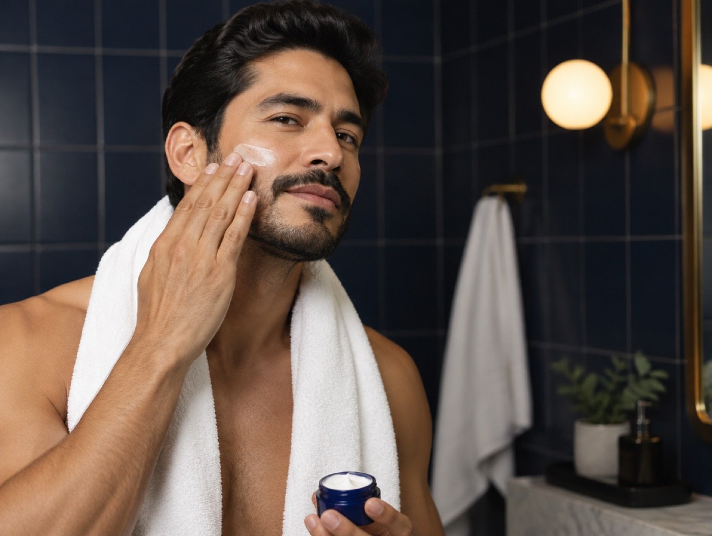 Hombre aplicándose crema hidratante