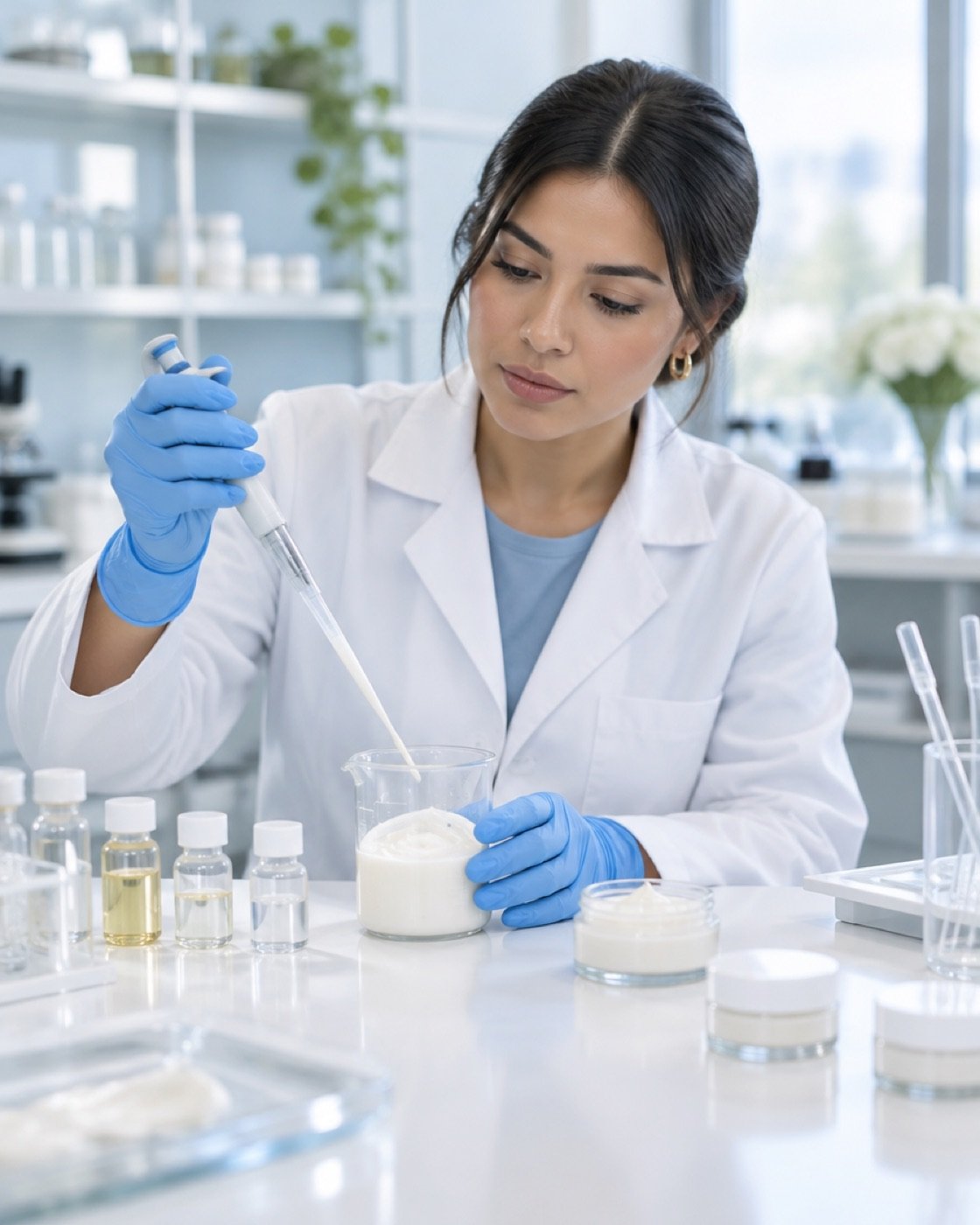 Química del laboratorio de Industrias Lavin formulando una crema